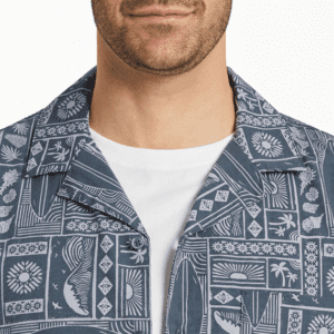 Mens Beach Woodblock Pattern Camp Shirt 108776 Stone Blue 2.png