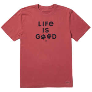 Mens Life Is Good Paw Print Short Sleeve Crusher Tee 99338 Faded Red.png