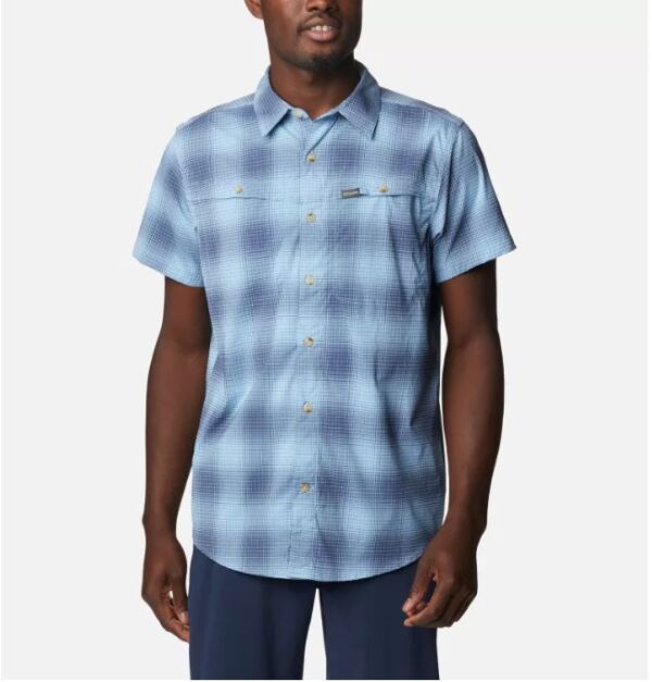 Columbia Sportswear Mens Newton Ridge Plaid Short Sleeve Shirt Jet Stream 2030701 Borrego Outfitters